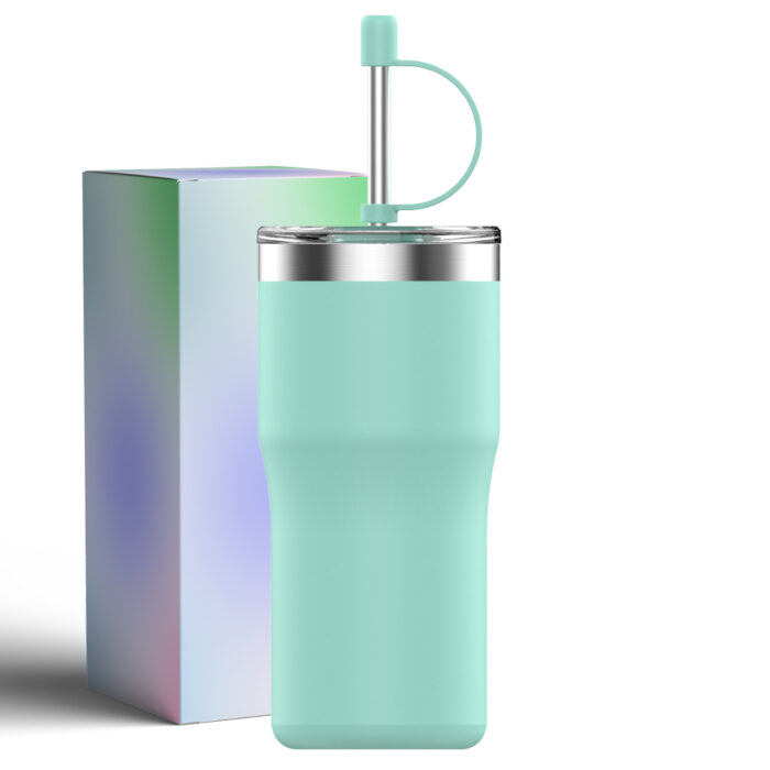 500ml Blue stainless steel mug with straw - Image 1