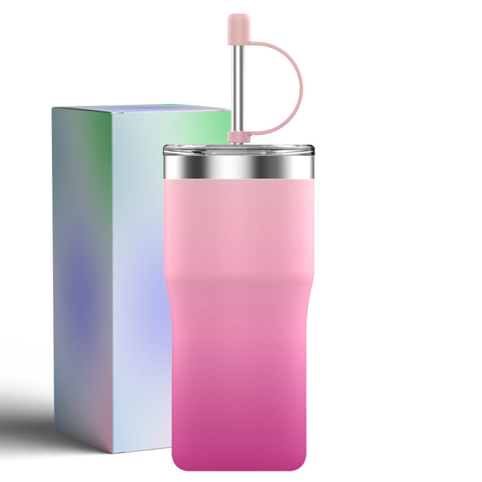 500ml Pink Insulated stainless steel mug with straw - Image 1
